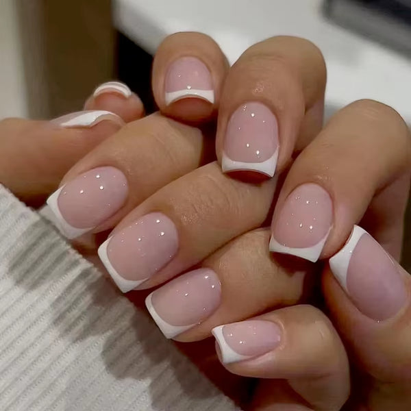 24Pcs/Set Square Short Fake Nails Accessories Sample French White Square Tips Design Faux Ongles Press on Acrylic False Nail