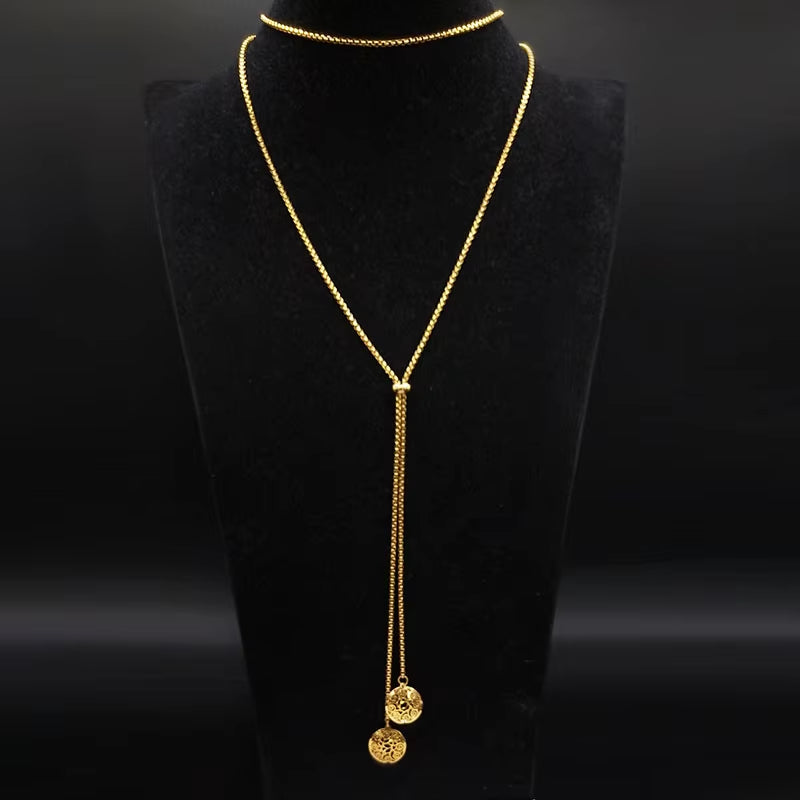 Stainless Steel Long Necklaces Gold Color round Flower Women Long Necklace Jewelry Sautoir Femme Long Acier Inoxydable