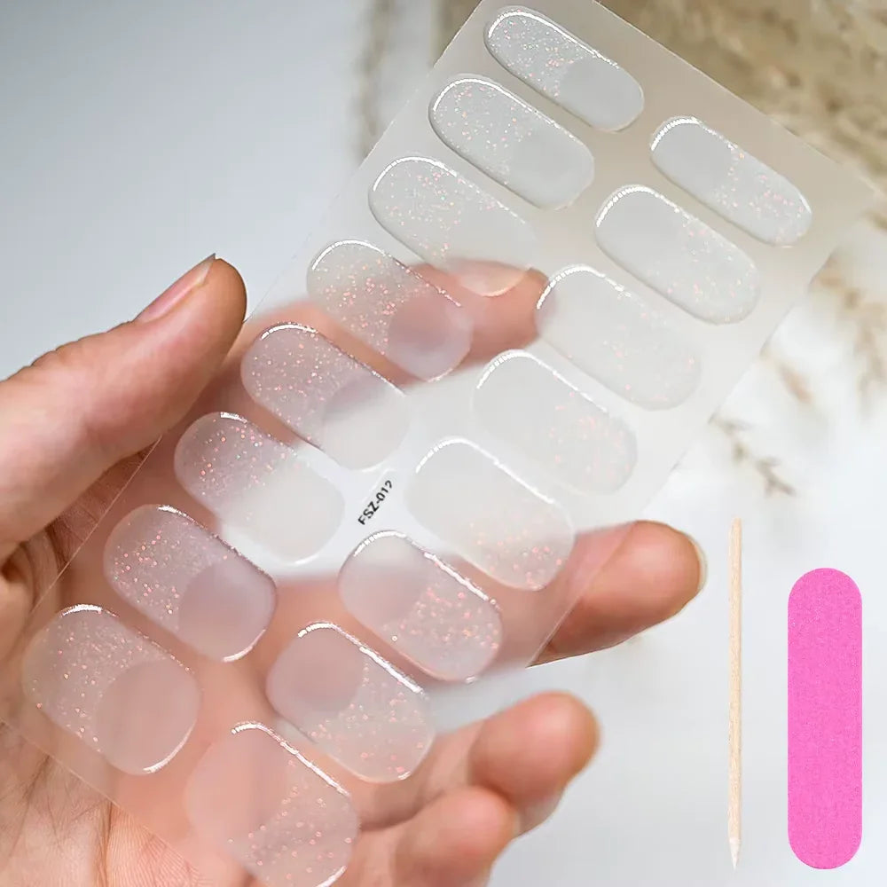16Tips White French Semi-Cured Gel Nail Patch Sliders Full Cover Gel Nail Stickers for UV Lamp Adhesive Decals Manicure Patch #7