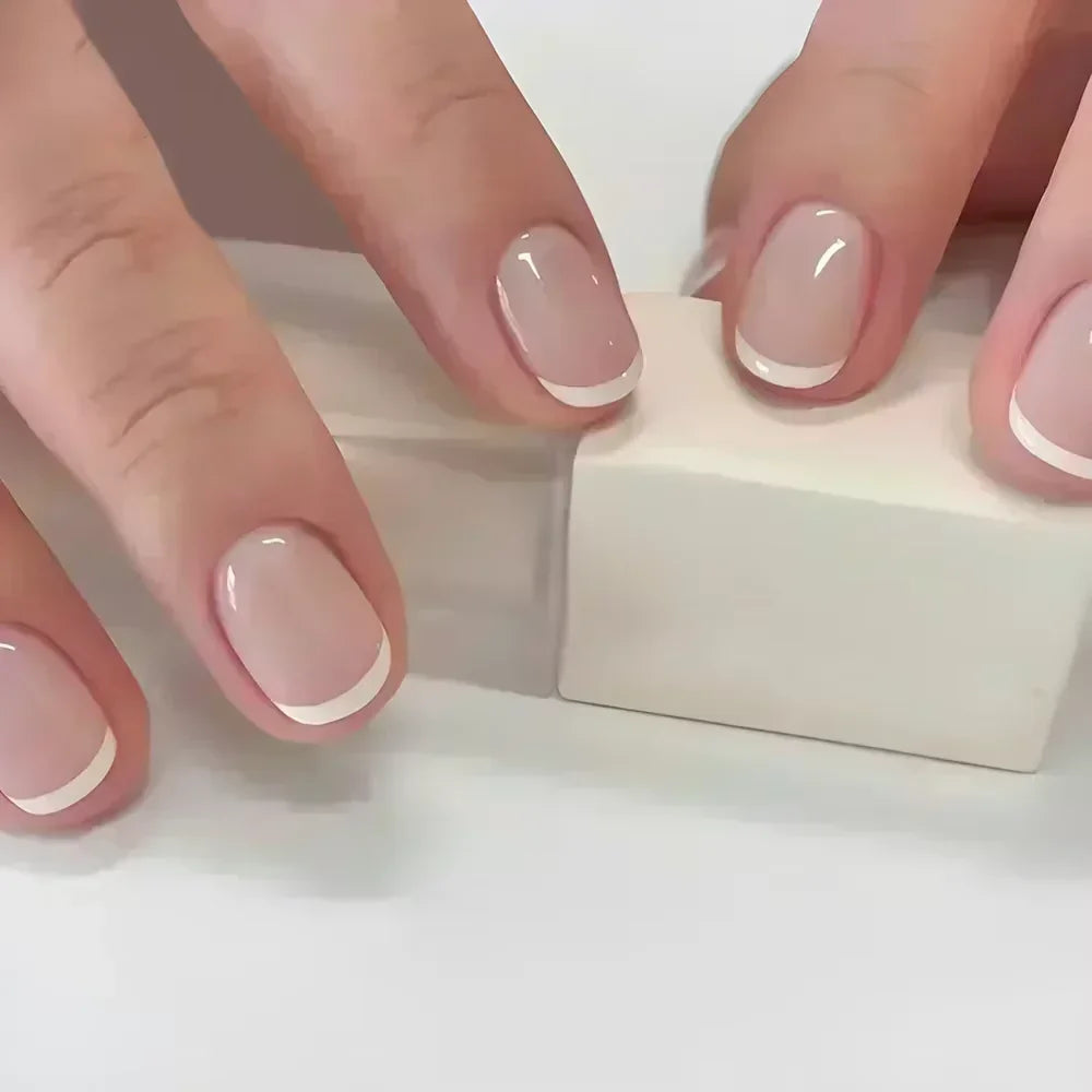 24Pcs Short Almond Press on Nails French Tips Press on Nails False Nails Simple Rose Full Cover Wearable Fake Nail Tips Art