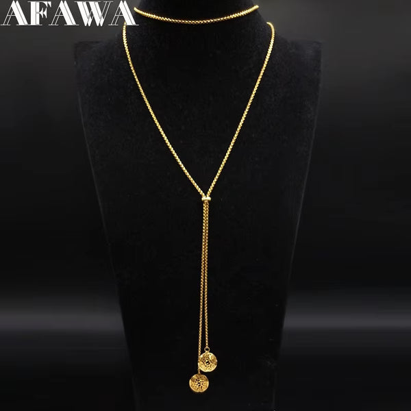 Stainless Steel Long Necklaces Gold Color round Flower Women Long Necklace Jewelry Sautoir Femme Long Acier Inoxydable