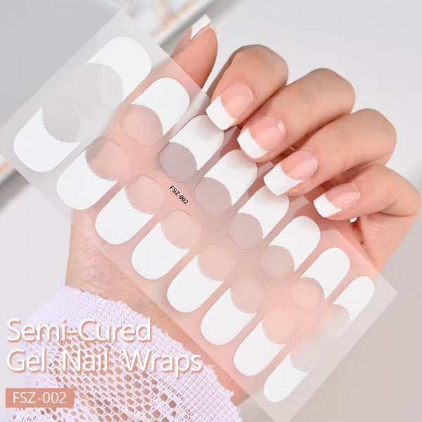 16Tips White French Semi-Cured Gel Nail Patch Sliders Full Cover Gel Nail Stickers for UV Lamp Adhesive Decals Manicure Patch #7