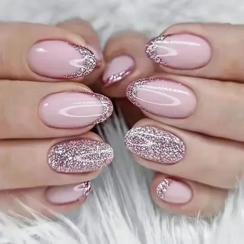24Pcs Short Almond Press on Nails French Tips Press on Nails False Nails Simple Rose Full Cover Wearable Fake Nail Tips Art