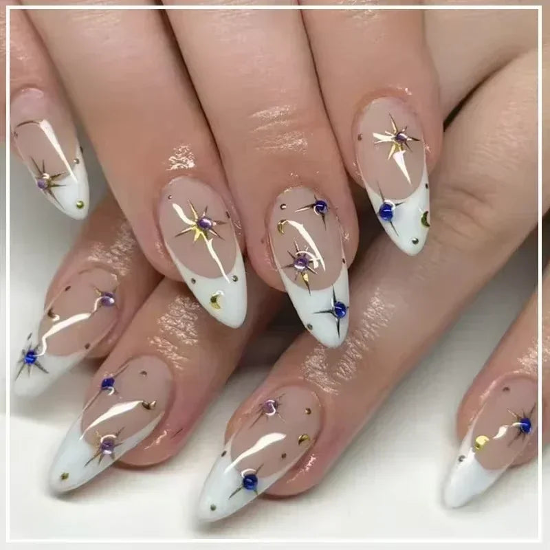 24Pcs Short Almond Press on Nails French Tips Press on Nails False Nails Simple Rose Full Cover Wearable Fake Nail Tips Art