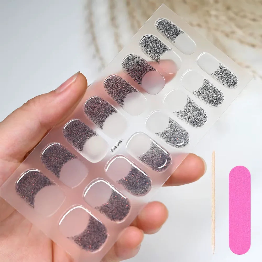 16Tips White French Semi-Cured Gel Nail Patch Sliders Full Cover Gel Nail Stickers for UV Lamp Adhesive Decals Manicure Patch #7