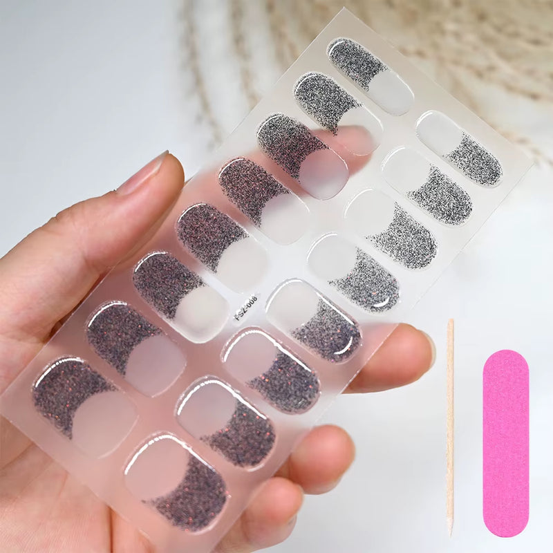 16Tips White French Semi-Cured Gel Nail Patch Sliders Full Cover Gel Nail Stickers for UV Lamp Adhesive Decals Manicure Patch #7