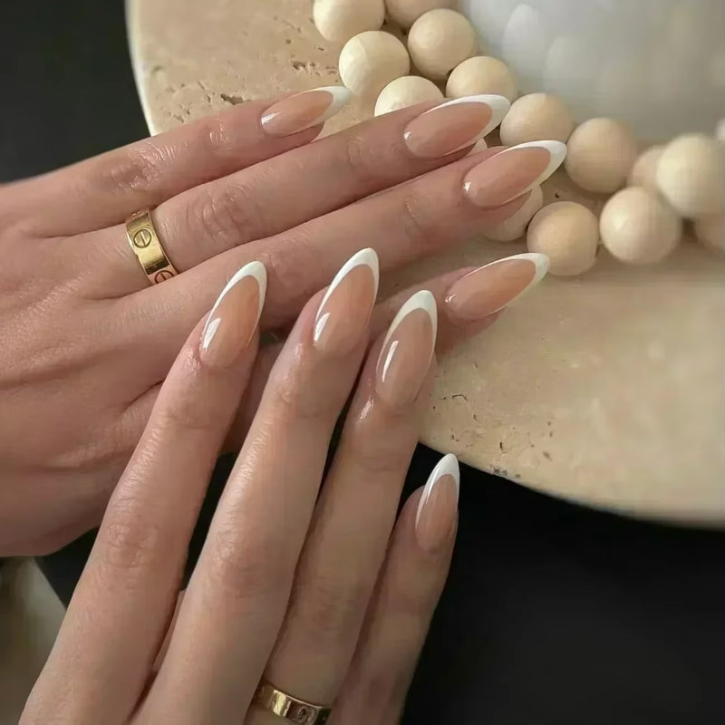 24Pcs Short Almond Press on Nails French Tips Press on Nails False Nails Simple Rose Full Cover Wearable Fake Nail Tips Art