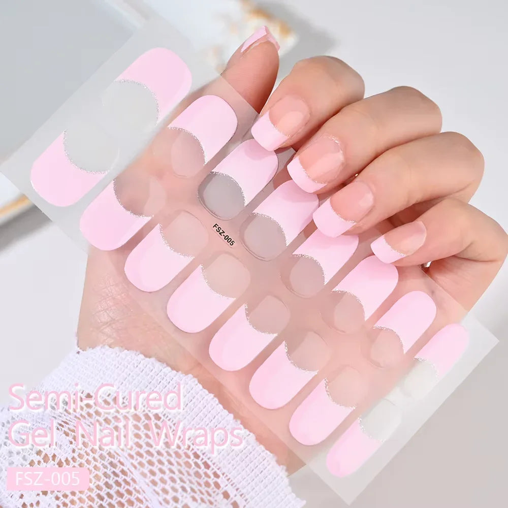 16Tips White French Semi-Cured Gel Nail Patch Sliders Full Cover Gel Nail Stickers for UV Lamp Adhesive Decals Manicure Patch #7