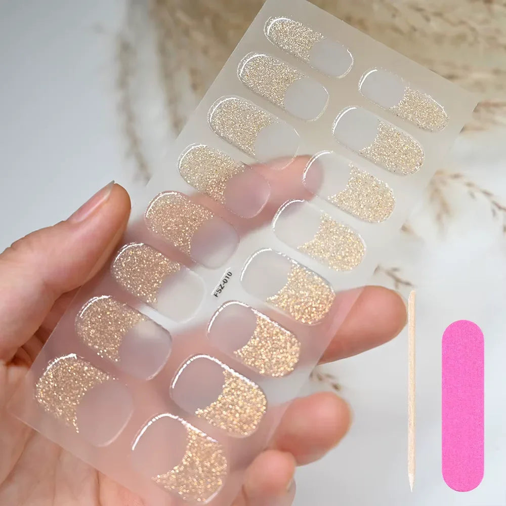 16Tips White French Semi-Cured Gel Nail Patch Sliders Full Cover Gel Nail Stickers for UV Lamp Adhesive Decals Manicure Patch #7