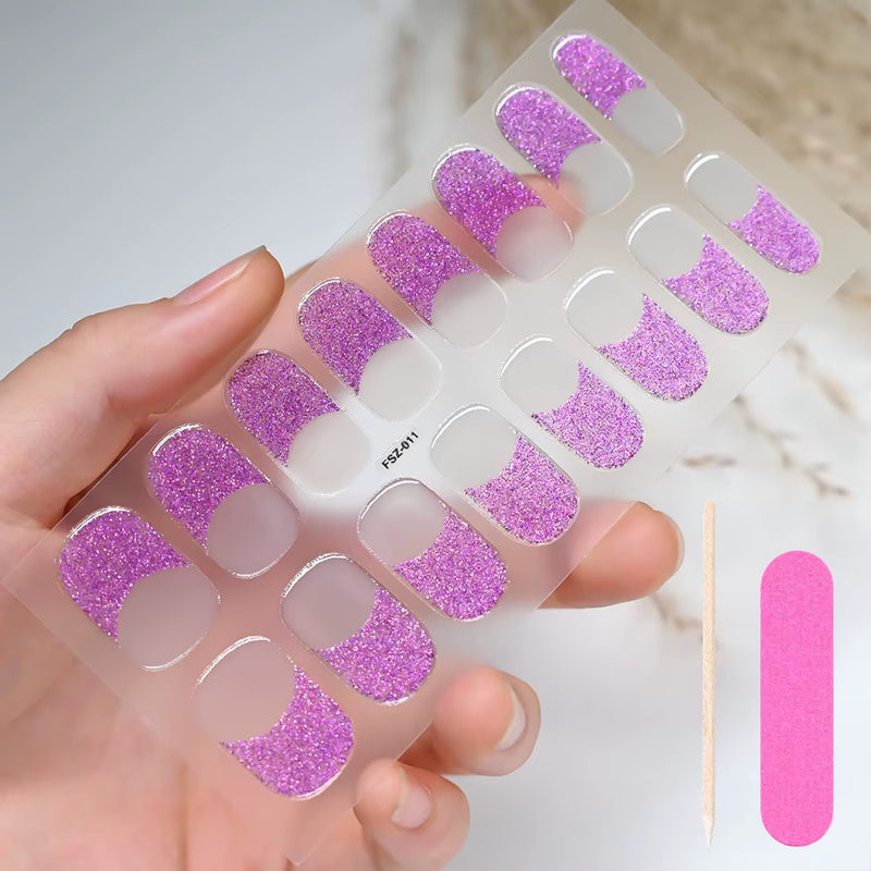 16Tips White French Semi-Cured Gel Nail Patch Sliders Full Cover Gel Nail Stickers for UV Lamp Adhesive Decals Manicure Patch #7