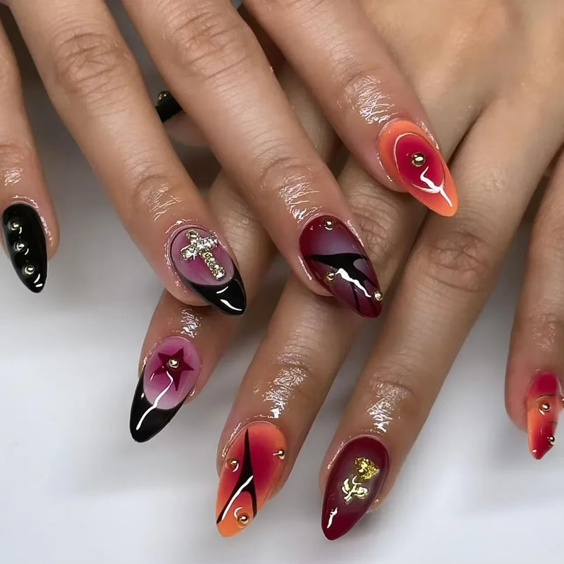 24Pcs Short Almond Press on Nails French Tips Press on Nails False Nails Simple Rose Full Cover Wearable Fake Nail Tips Art