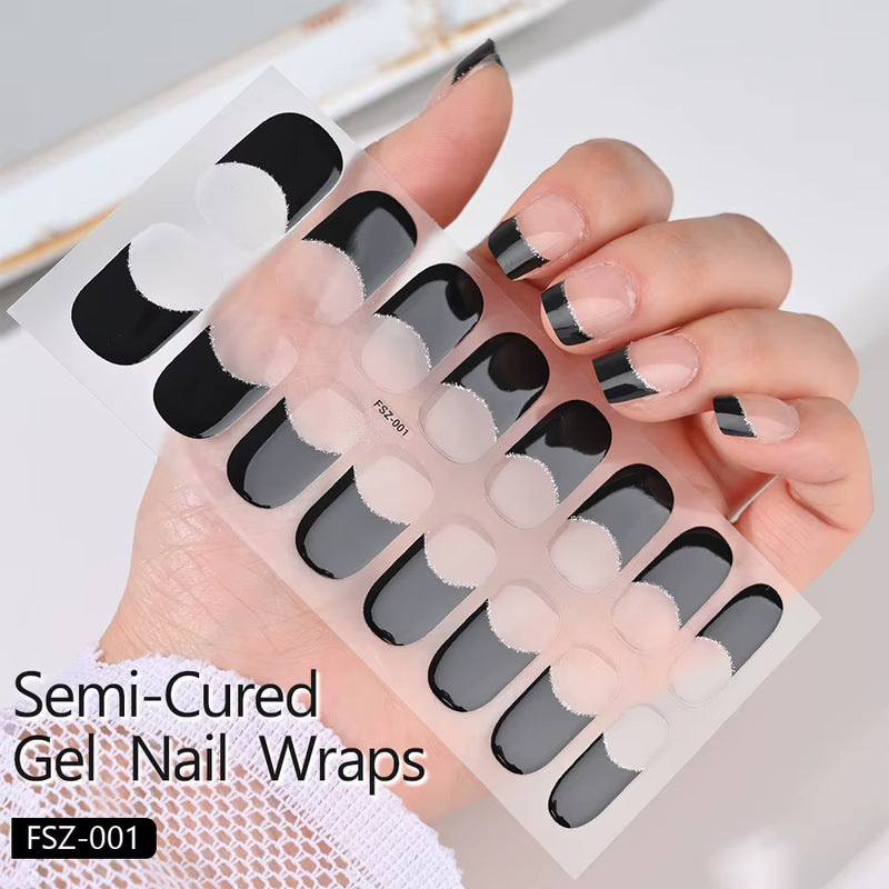 16Tips White French Semi-Cured Gel Nail Patch Sliders Full Cover Gel Nail Stickers for UV Lamp Adhesive Decals Manicure Patch #7