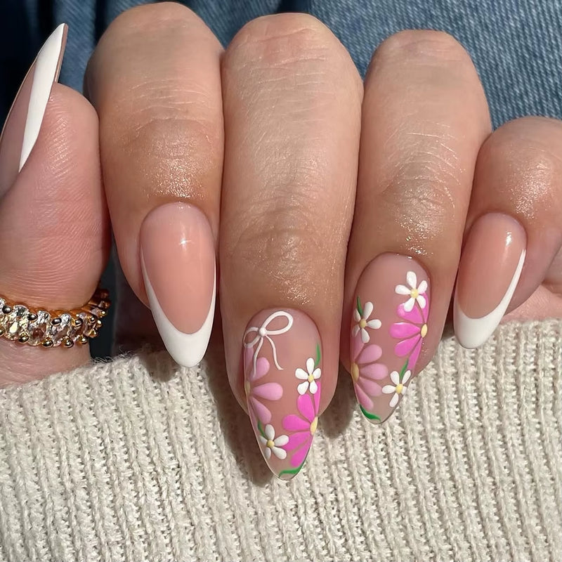 24Pcs Short Almond Press on Nails French Tips Press on Nails False Nails Simple Rose Full Cover Wearable Fake Nail Tips Art