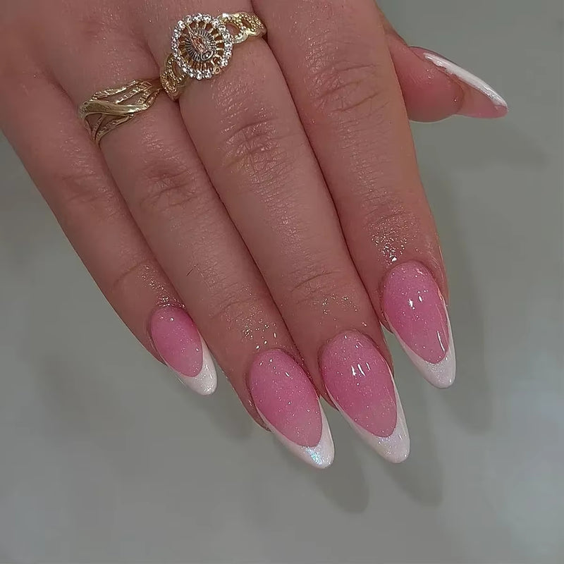24Pcs Short Almond Press on Nails French Tips Press on Nails False Nails Simple Rose Full Cover Wearable Fake Nail Tips Art