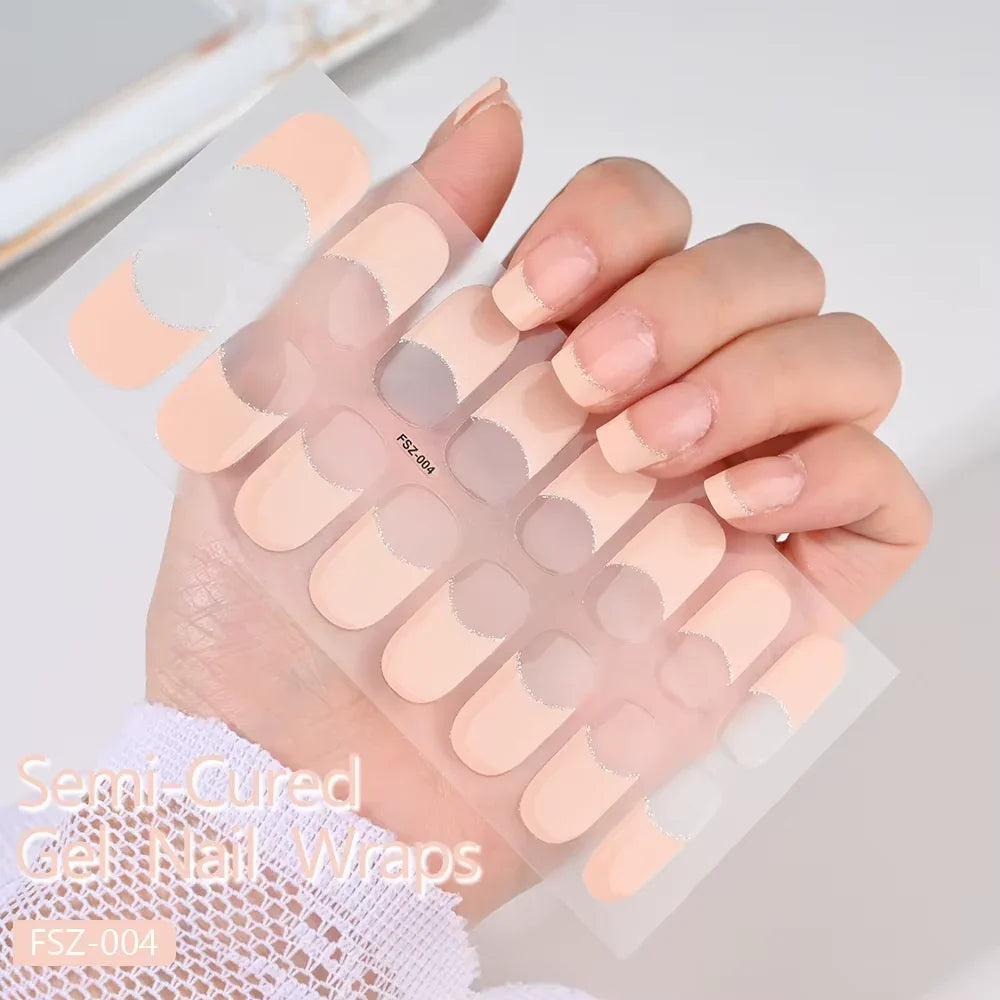 16Tips White French Semi-Cured Gel Nail Patch Sliders Full Cover Gel Nail Stickers for UV Lamp Adhesive Decals Manicure Patch #7