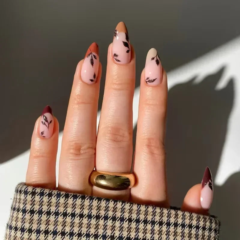 24Pcs Short Almond Press on Nails French Tips Press on Nails False Nails Simple Rose Full Cover Wearable Fake Nail Tips Art