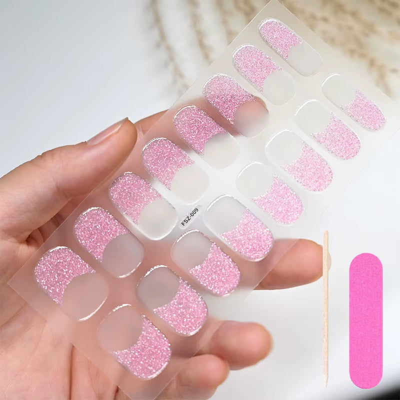 16Tips White French Semi-Cured Gel Nail Patch Sliders Full Cover Gel Nail Stickers for UV Lamp Adhesive Decals Manicure Patch #7