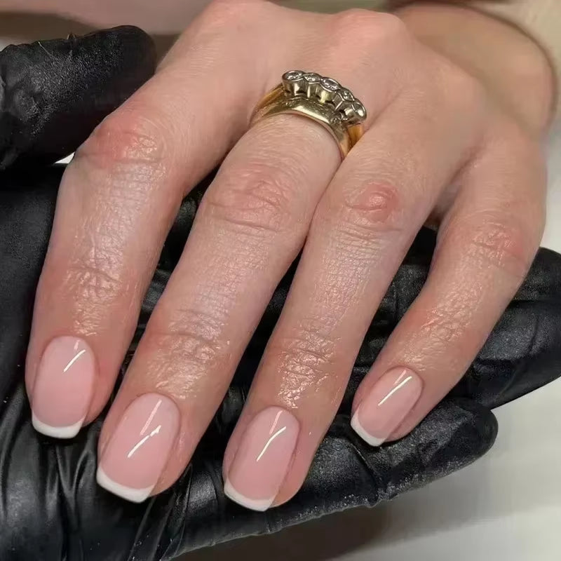 24Pcs Short Almond Press on Nails French Tips Press on Nails False Nails Simple Rose Full Cover Wearable Fake Nail Tips Art