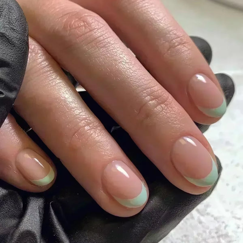 24Pcs Short Almond Press on Nails French Tips Press on Nails False Nails Simple Rose Full Cover Wearable Fake Nail Tips Art
