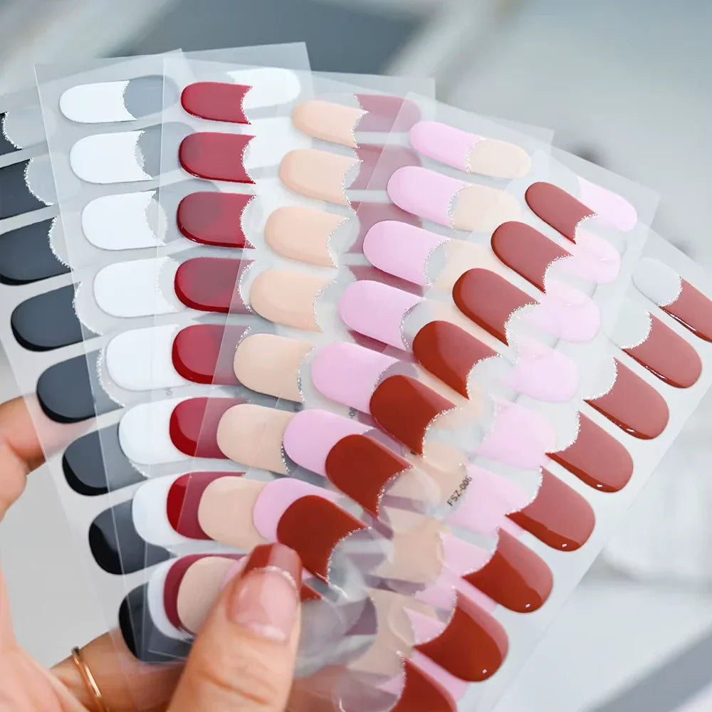 16Tips White French Semi-Cured Gel Nail Patch Sliders Full Cover Gel Nail Stickers for UV Lamp Adhesive Decals Manicure Patch #7