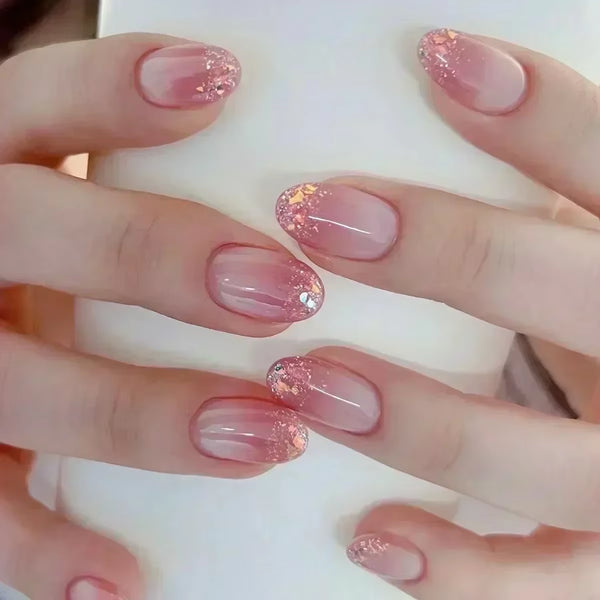 24Pcs Short Almond Press on Nails French Tips Press on Nails False Nails Simple Rose Full Cover Wearable Fake Nail Tips Art