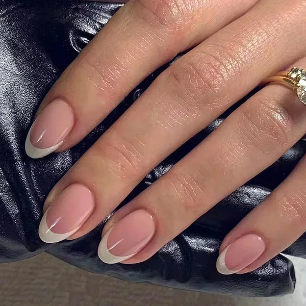 24Pcs Short Almond Press on Nails French Tips Press on Nails False Nails Simple Rose Full Cover Wearable Fake Nail Tips Art