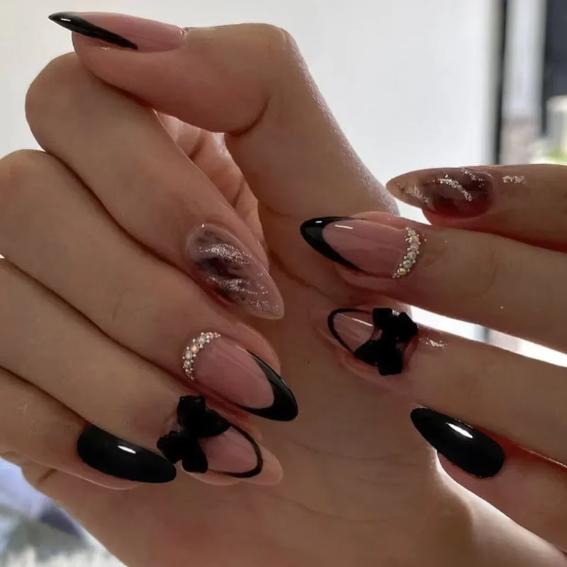 24Pcs Short Almond Press on Nails French Tips Press on Nails False Nails Simple Rose Full Cover Wearable Fake Nail Tips Art