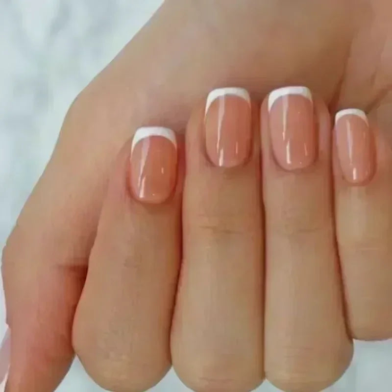 24Pcs Short Almond Press on Nails French Tips Press on Nails False Nails Simple Rose Full Cover Wearable Fake Nail Tips Art