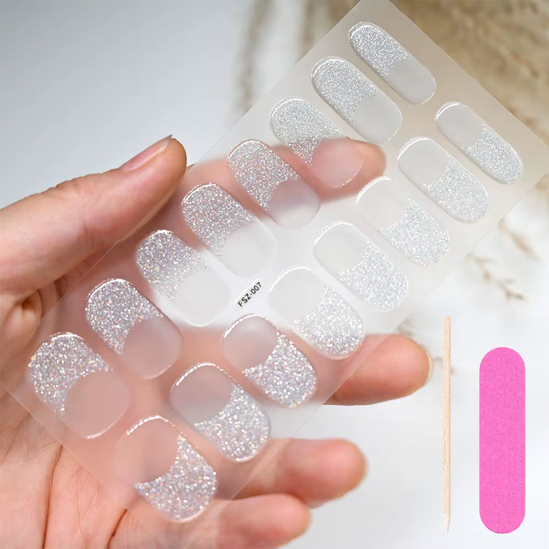 16Tips White French Semi-Cured Gel Nail Patch Sliders Full Cover Gel Nail Stickers for UV Lamp Adhesive Decals Manicure Patch #7