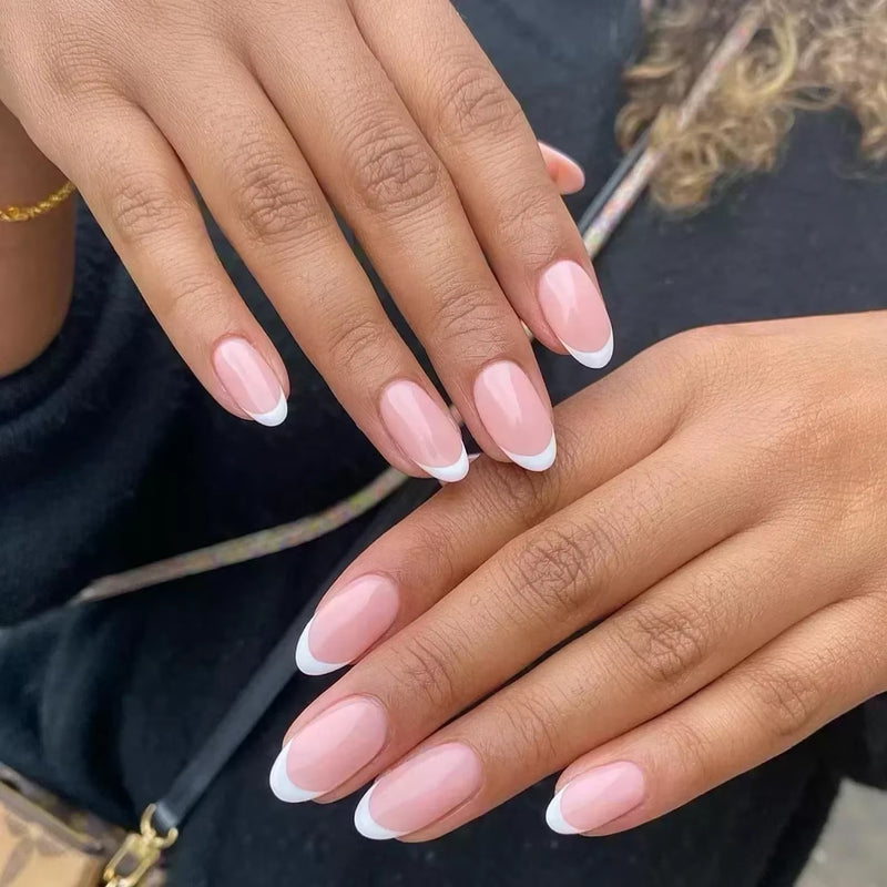 24Pcs Short Almond Press on Nails French Tips Press on Nails False Nails Simple Rose Full Cover Wearable Fake Nail Tips Art