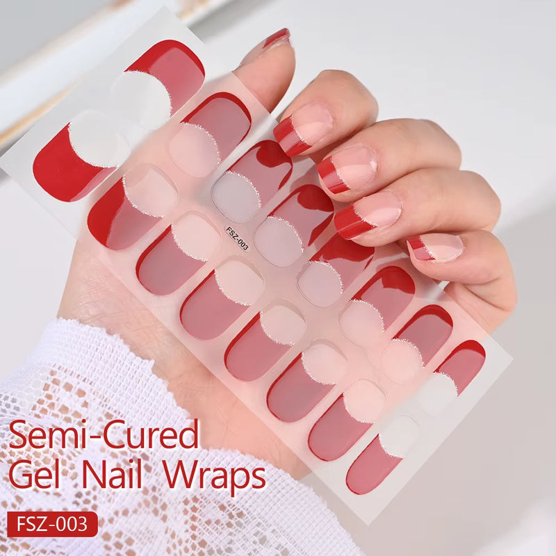 16Tips White French Semi-Cured Gel Nail Patch Sliders Full Cover Gel Nail Stickers for UV Lamp Adhesive Decals Manicure Patch #7