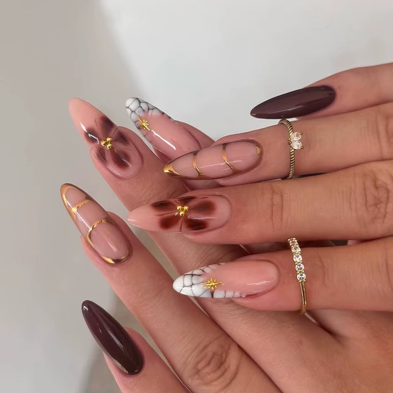 24Pcs Short Almond Press on Nails French Tips Press on Nails False Nails Simple Rose Full Cover Wearable Fake Nail Tips Art