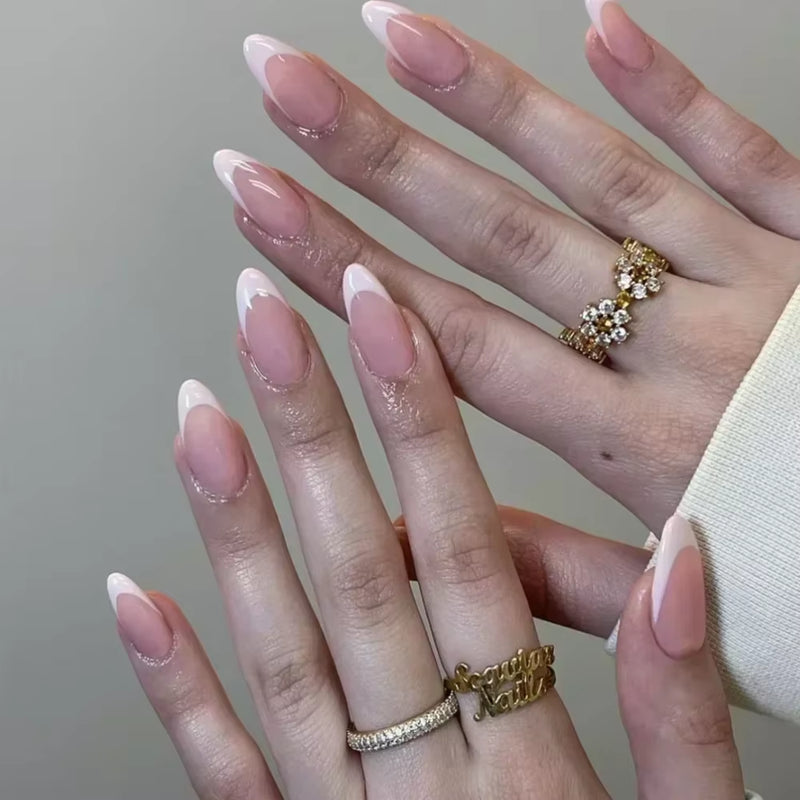24Pcs Short Almond Press on Nails French Tips Press on Nails False Nails Simple Rose Full Cover Wearable Fake Nail Tips Art