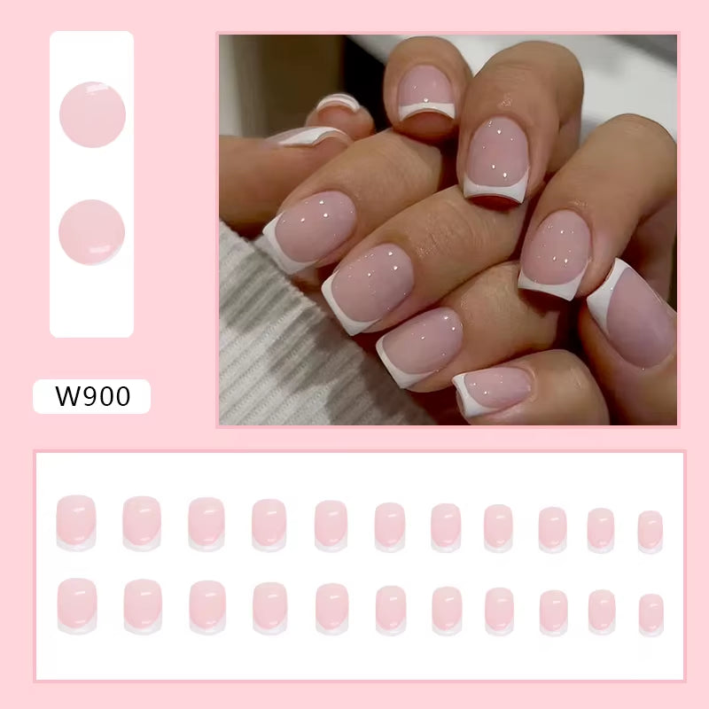 24Pcs/Set Square Short Fake Nails Accessories Sample French White Square Tips Design Faux Ongles Press on Acrylic False Nail
