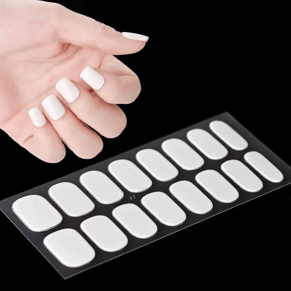 16Tips White French Semi-Cured Gel Nail Patch Sliders Full Cover Gel Nail Stickers for UV Lamp Adhesive Decals Manicure Patch #7