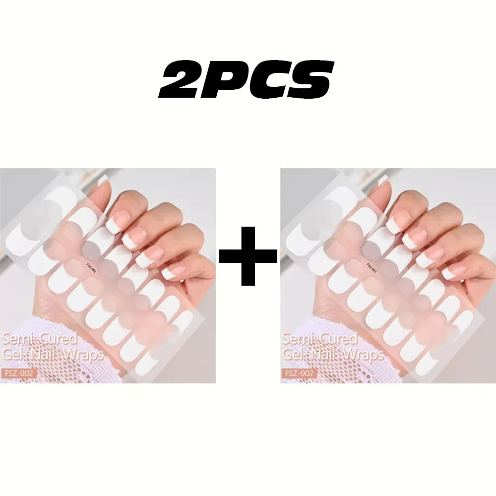 16Tips White French Semi-Cured Gel Nail Patch Sliders Full Cover Gel Nail Stickers for UV Lamp Adhesive Decals Manicure Patch #7