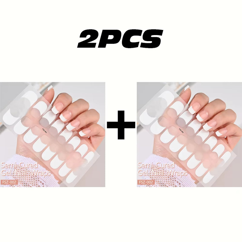 16Tips White French Semi-Cured Gel Nail Patch Sliders Full Cover Gel Nail Stickers for UV Lamp Adhesive Decals Manicure Patch #7