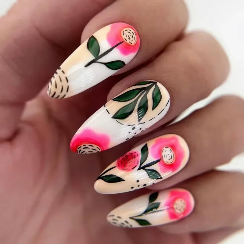 24Pcs Short Almond Press on Nails French Tips Press on Nails False Nails Simple Rose Full Cover Wearable Fake Nail Tips Art