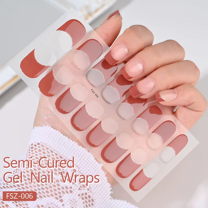 16Tips White French Semi-Cured Gel Nail Patch Sliders Full Cover Gel Nail Stickers for UV Lamp Adhesive Decals Manicure Patch #7