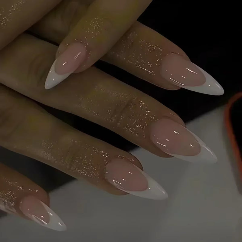 24Pcs Short Almond Press on Nails French Tips Press on Nails False Nails Simple Rose Full Cover Wearable Fake Nail Tips Art