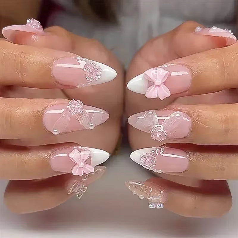 24Pcs Short Almond Press on Nails French Tips Press on Nails False Nails Simple Rose Full Cover Wearable Fake Nail Tips Art