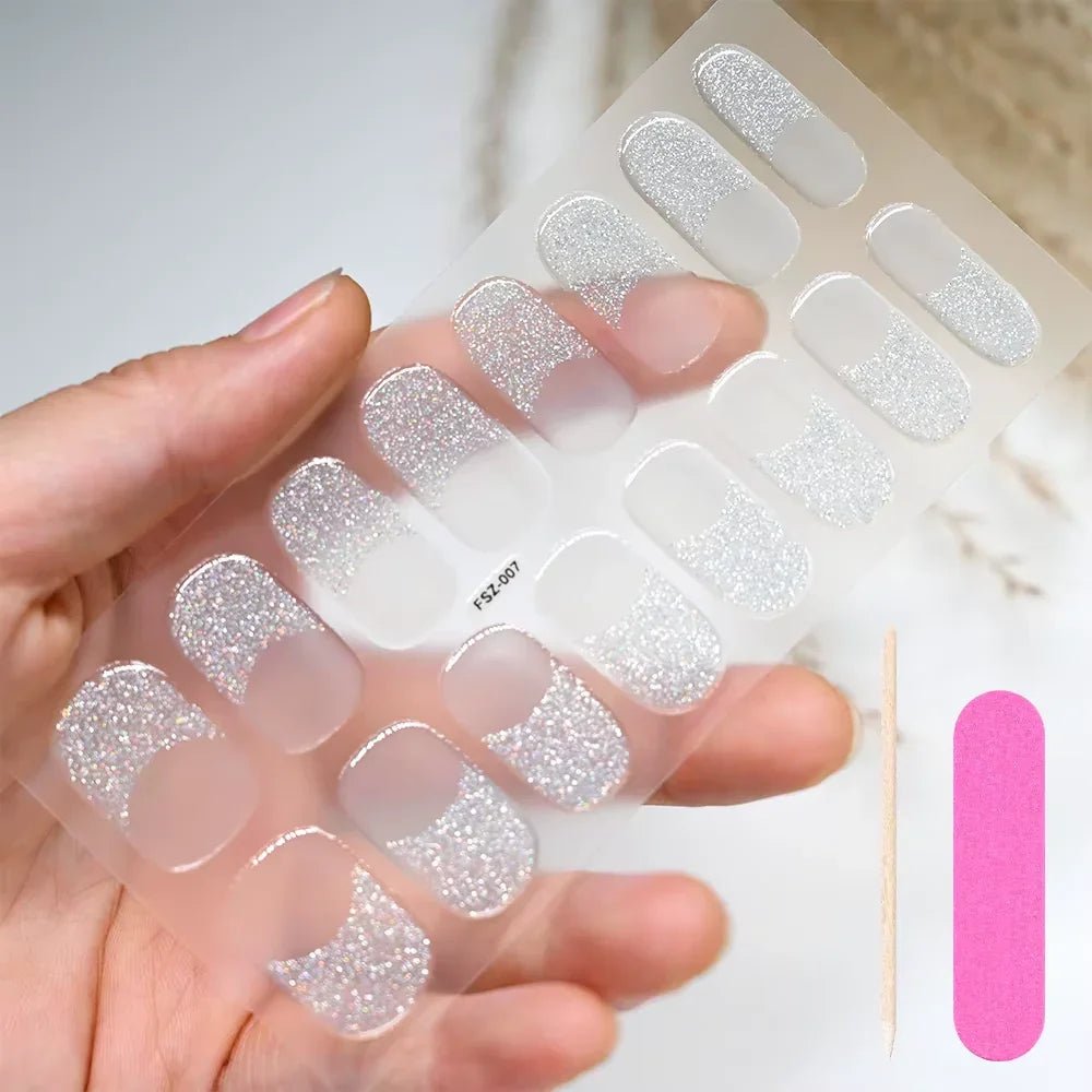 16Tips White French Semi-Cured Gel Nail Patch Sliders Full Cover Gel Nail Stickers for UV Lamp Adhesive Decals Manicure Patch #7